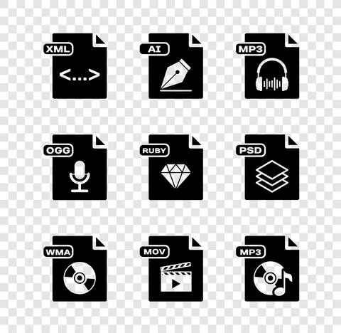 Set XML file document, AI, MP3, WMA, MOV, OGG and RUBY icon. Vector Stock Illustration