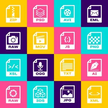 Set XML file document, AI, PNG, AVI, MOV and RAW icon. Vector 库存插图