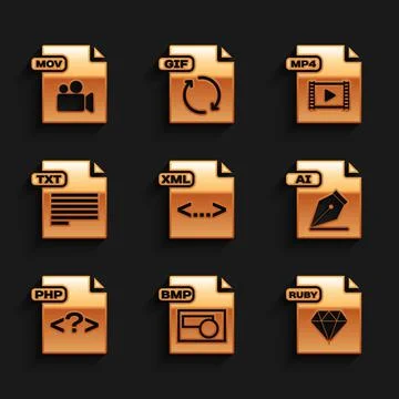 Set XML file document, BMP, RUBY, AI, PHP, TXT, MP4 and MOV icon. Vector Stock Illustration