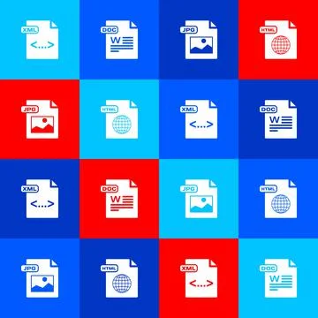 Set XML file document, DOC, JPG and HTML icon. Vector Stockillustratie