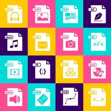 Set XML file document, MP3, XSL, PDF, EML, WAV, and RAW icon. Vector 库存插图