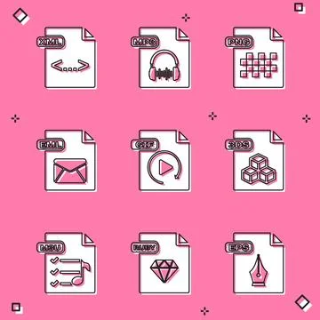 Set XML file document, MP3, PNG, EML, GIF, 3DS, M3U and RUBY icon. Vector Illustrazione stock
