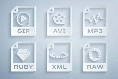 Set XML file document, MP3, RUBY, RAW, AVI and GIF icon. Vector Stock Illustration