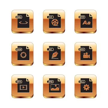 Set XML file document, MP4, JPG, AI, RAW, OTF, DLL and AVI icon. Vector 스톡 일러스트