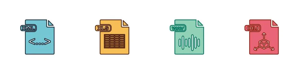 Set XML file document, XLS, WAV and OBJ icon. Vector Stock Illustration