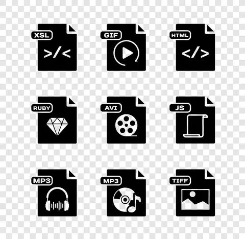 Set XSL file document, GIF, HTML, MP3, TIFF, RUBY and AVI icon. Vector Stock Illustration
