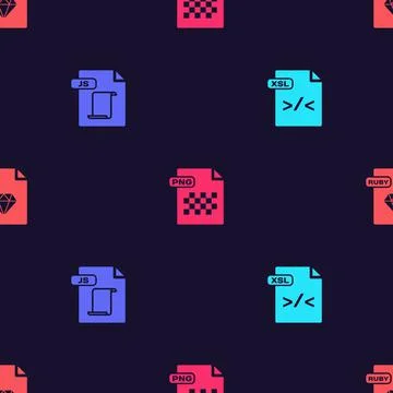 Set XSL file document, JS, PNG and RUBY on seamless pattern. Vector Illustrazione stock