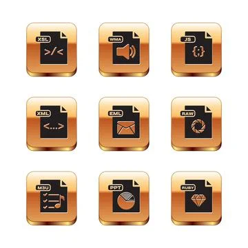 Set XSL file document, M3U, PPT, EML, XML, JS, RUBY and WMA icon. Vector Stock Illustration