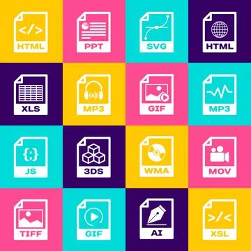 Set XSL file document, MOV, MP3, SVG, and XLS icon. Vector 库存插图