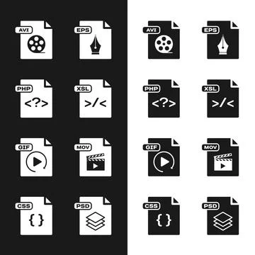 Set XSL file document, PHP, AVI, EPS, GIF, MOV, PSD and CSS icon. Vector Stock Illustration