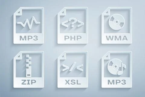 Set XSL file document, WMA, ZIP, MP3, PHP and icon. Vector Stock-Illustration
