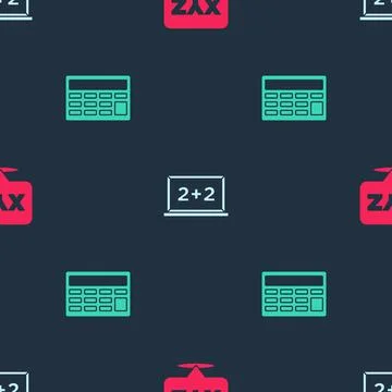 Set XYZ Coordinate system, Chalkboard and Calculator on seamless pattern. Vector Stock Illustration