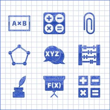 Set XYZ Coordinate system, Chalkboard, Calculator, Abacus, Feather and inkwell Illustrazione stock
