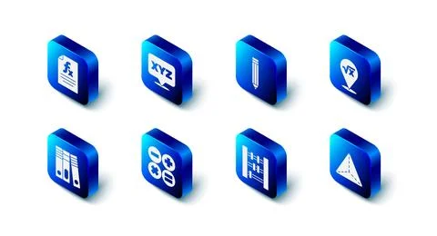 Set XYZ Coordinate system, Pencil, Square root of x glyph, Geometric figure.. Stock Illustration