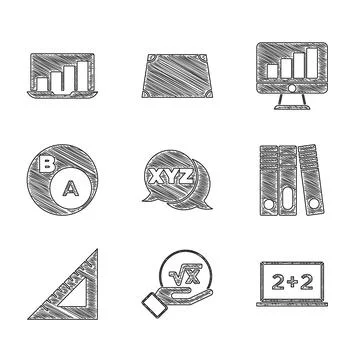 Set XYZ Coordinate system, Square root of x glyph, Chalkboard, Office folders Illustrazione stock