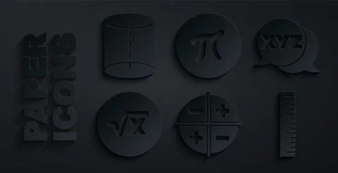 Set XYZ Coordinate system, Square root of x glyph, Ruler, Pi symbol and Stock Illustration