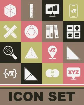 Set XYZ Coordinate system, Triangle math, Calculator, Computer monitor with Illustrazione stock