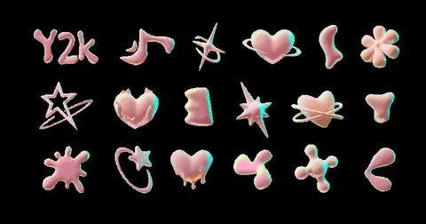 A set of Y2K style pixel fluid elements, pink color, glow effect, black isolated Stock Illustration