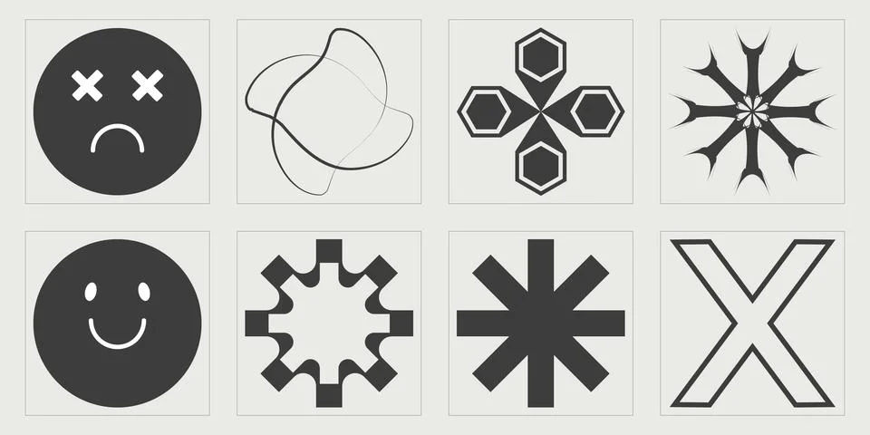 Set of Y2K style vectors of objects. Big collection of abstract graphic Stock Illustration