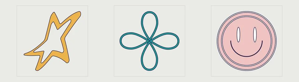 Set of Y2K style vectors of objects. Trendy geometric postmodern figures. Flat 스톡 일러스트