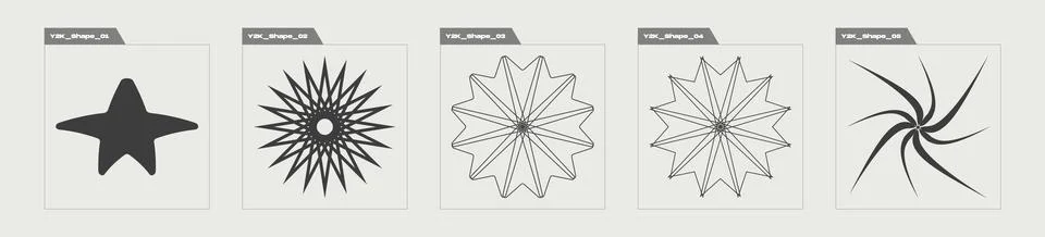 Set of Y2K style vectors of objects. Brutalism star and flower shapes. Elements Stock Illustration
