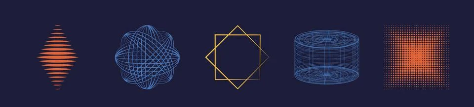 Set of Y2K style vectors of objects. Trendy geometric postmodern figures 스톡 일러스트