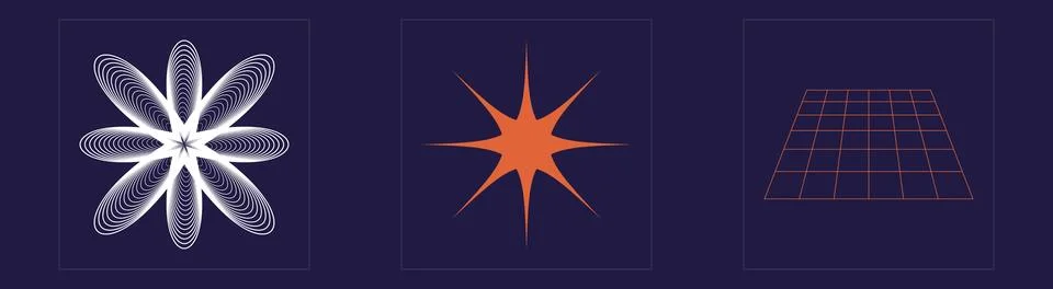 Set of Y2K style vectors of objects. Brutalism star and flower shapes. Cyberpunk Stock Illustration