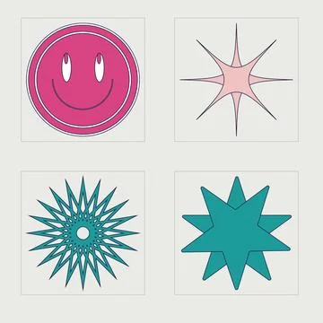 Set of Y2K style vectors of objects. Trendy geometric postmodern figures. Modern 스톡 일러스트