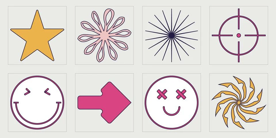 Set of Y2K style vectors of objects. Trendy geometric postmodern figures 库存插图