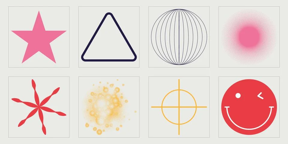 Set of Y2K style vectors of objects. Brutalism star and flower shapes. Elements Stock Illustration