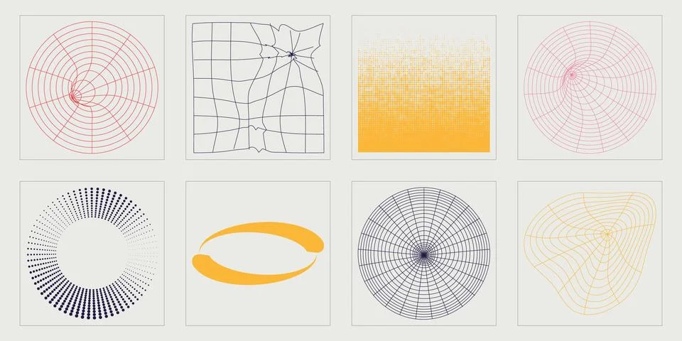 Set of Y2K style vectors of objects. Trendy geometric postmodern figures. Flat 스톡 일러스트