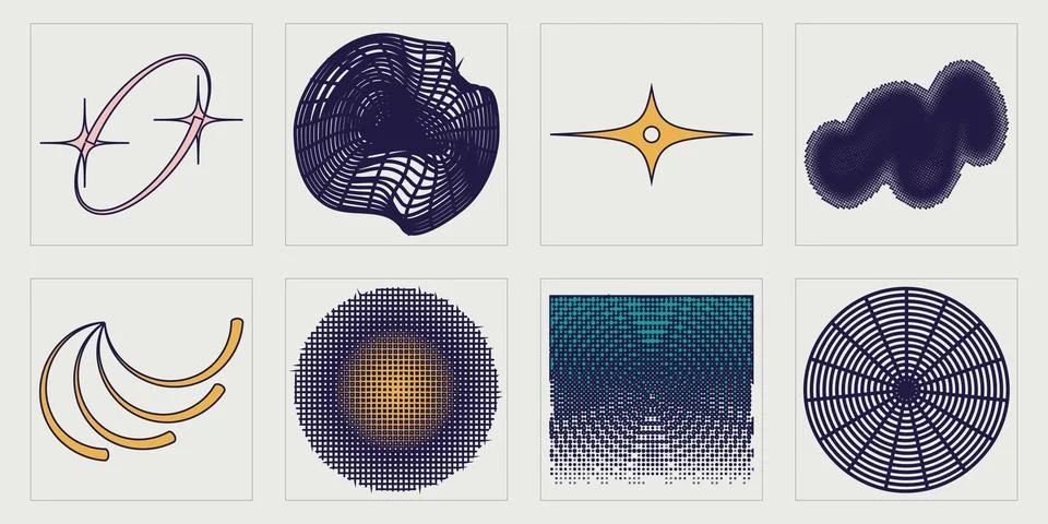 Set of Y2K style vectors of objects. Big collection of abstract graphic Stock Illustration