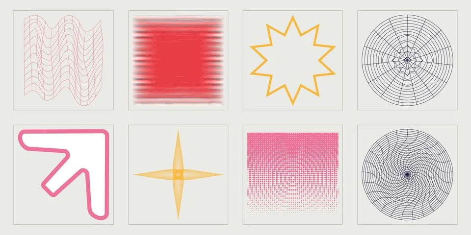 Set of Y2K style vectors of objects. Trendy geometric postmodern figures 스톡 일러스트