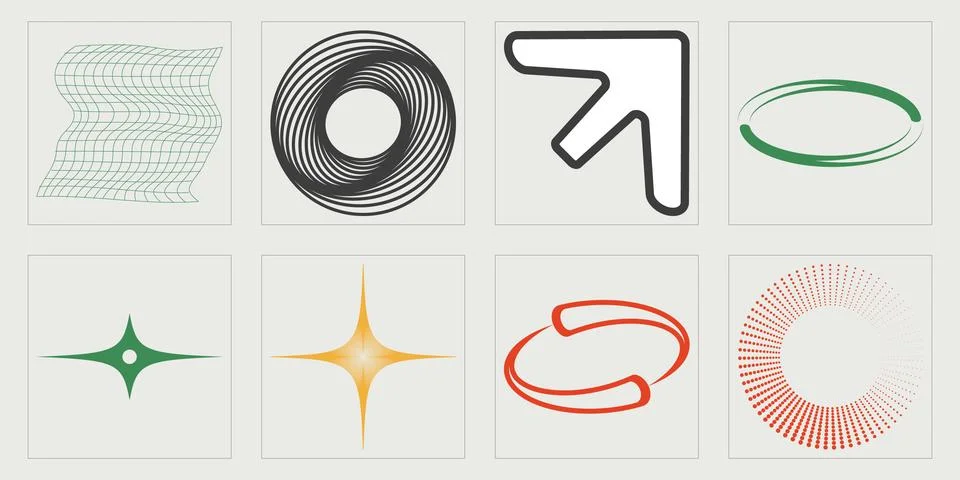 Set of Y2K style vectors of objects. Big collection of abstract graphic Stock Illustration