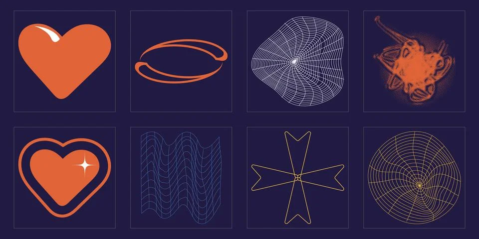 Set of Y2K style vectors of objects. Trendy geometric postmodern figures. For イラスト素材