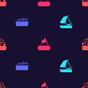 Set Yacht sailboat, Sharp stone reefs, Iceberg and Sinking cruise ship on s.. Stock Illustration