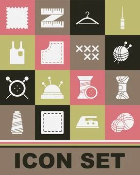Set Yarn ball, with knitting needles, Hanger wardrobe, Sewing Pattern Stock Illustration