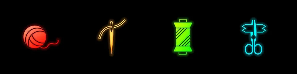 Set Yarn ball, Needle with thread, Sewing on spool and Scissors icon. Vector Stock Illustration