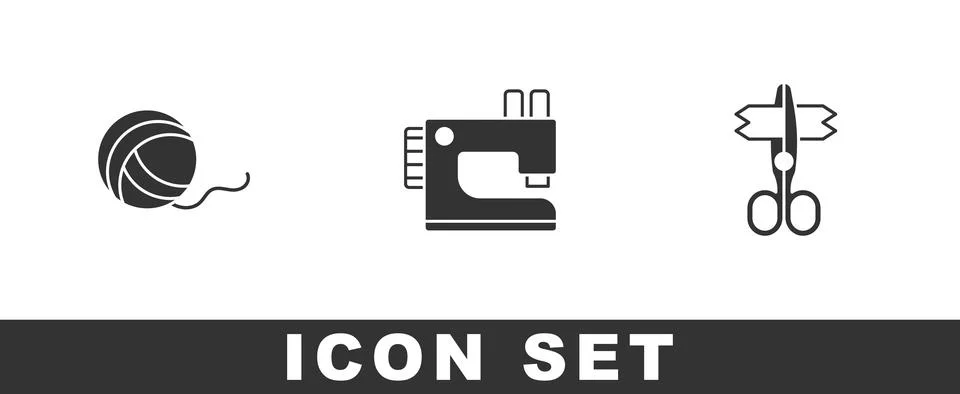 Set Yarn ball, Sewing machine and Scissors icon. Vector Illustrazione stock