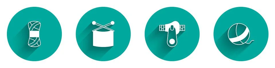 Set Yarn, Knitting needles, Zipper and ball icon with long shadow. Vector Stock Illustration