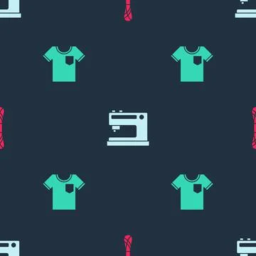 Set Yarn, Sewing machine and T-shirt on seamless pattern. Vector Illustrazione stock