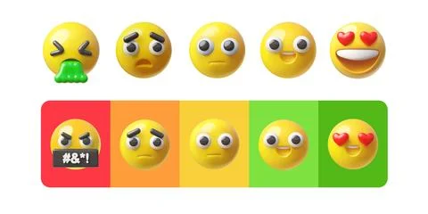 A set of yellow 3D emoji with various emotions, isolated and on bright 스톡 일러스트
