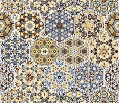 Set from yellow and blue hexagonal patterned tiles. Stockillustratie