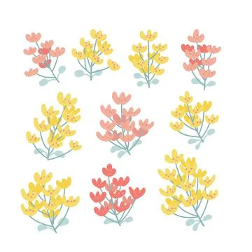 Set of yellow and pink tiny flowers on branches with leaves on a white Illustrazione stock