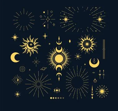 Set of yellow celestial elements on dark background with sun, moon and stars. Illustrazione stock