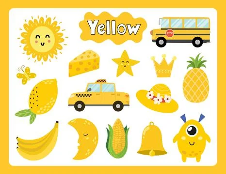 Set of yellow color objects. Primary colors flashcard with yellow elements Stock Illustration