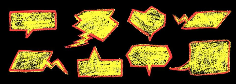 Set of yellow colored speech bubbles with red outline stroke in the style of Stock Illustration