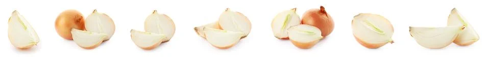 Set of yellow cut and whole onion on white background. Banner design Stock Photos