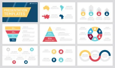 Set of yellow, dark blue, red and claret elements for multipurpose presentation 스톡 일러스트