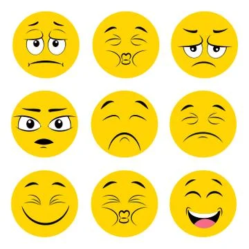 Set of yellow different emotion smile faces on white, stock vector illustrati Stock Illustration